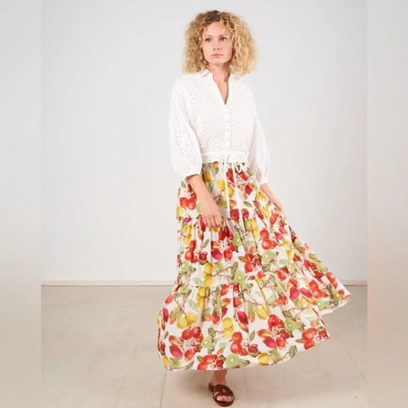 Cara Cara Women's 100% Cotton Tropical Fruit Ivory Melaine Midi Skirt Size XS - Picture 8 of 8